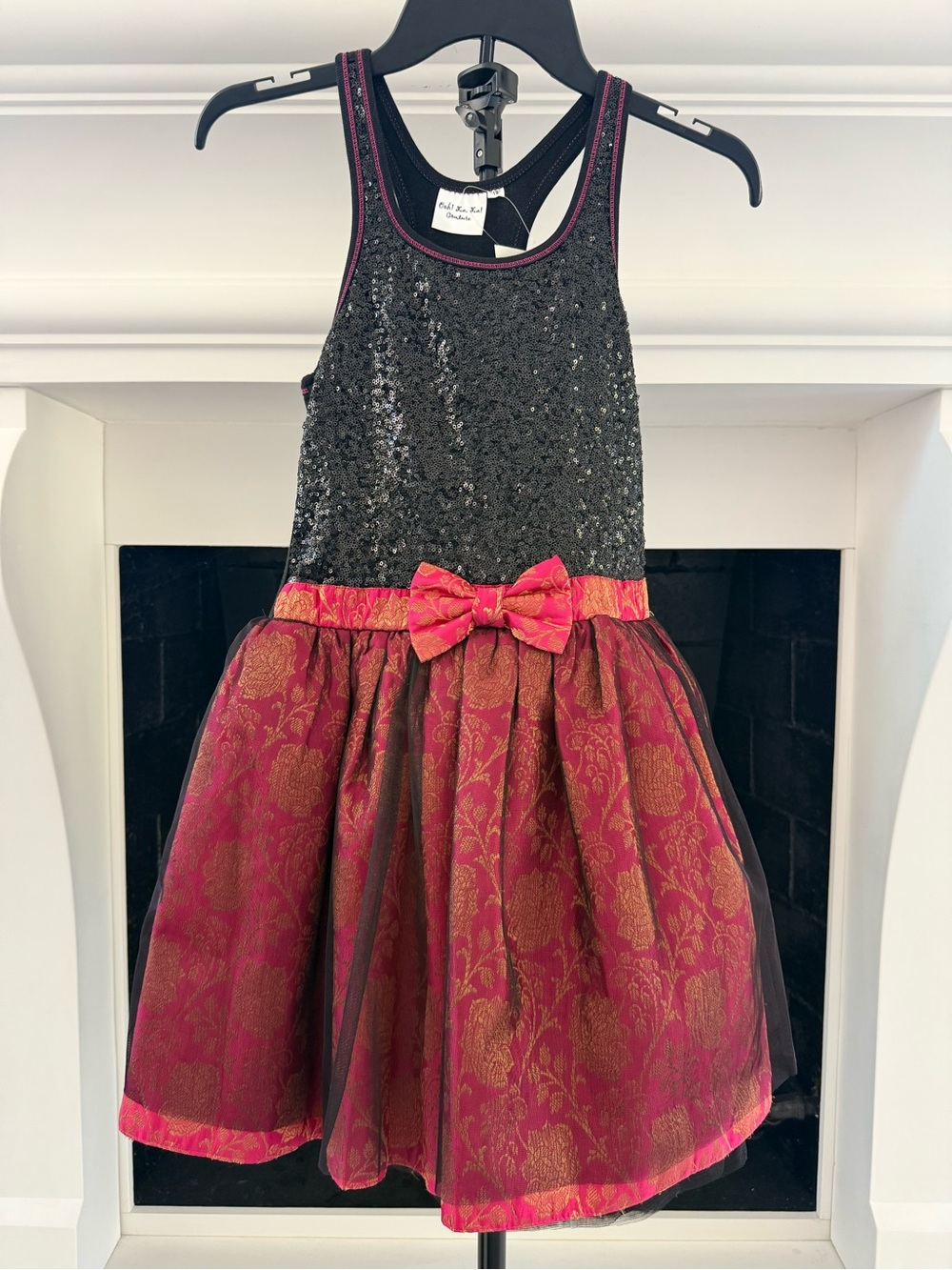 Girls Black Sequin & Red Brocade Party Dress with Bow
